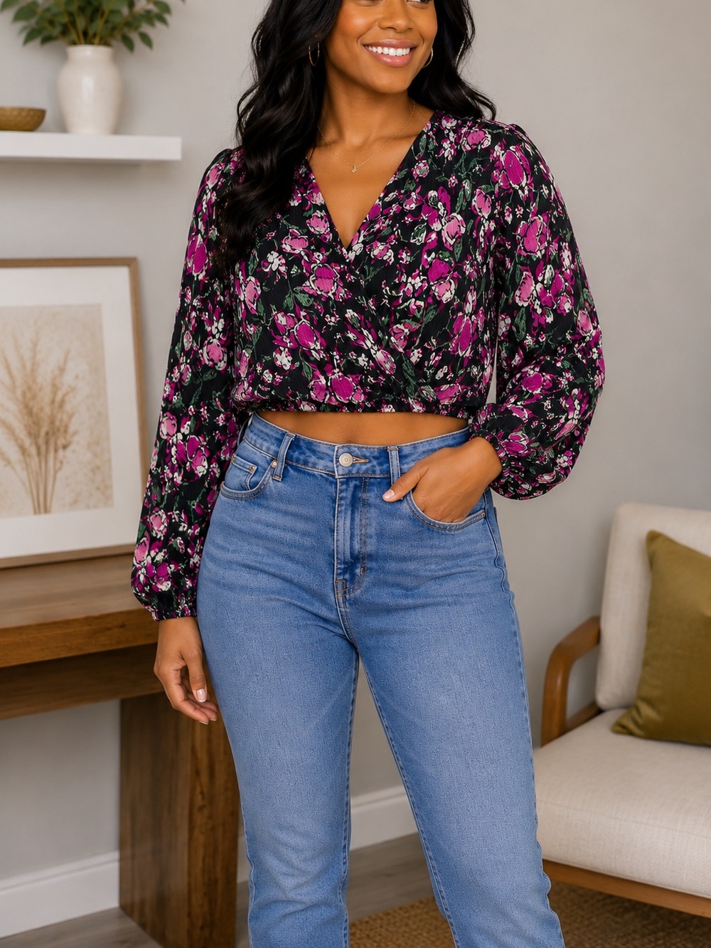 Jessica‎ Simpson Floral Cropped Blouse | Size Mediu